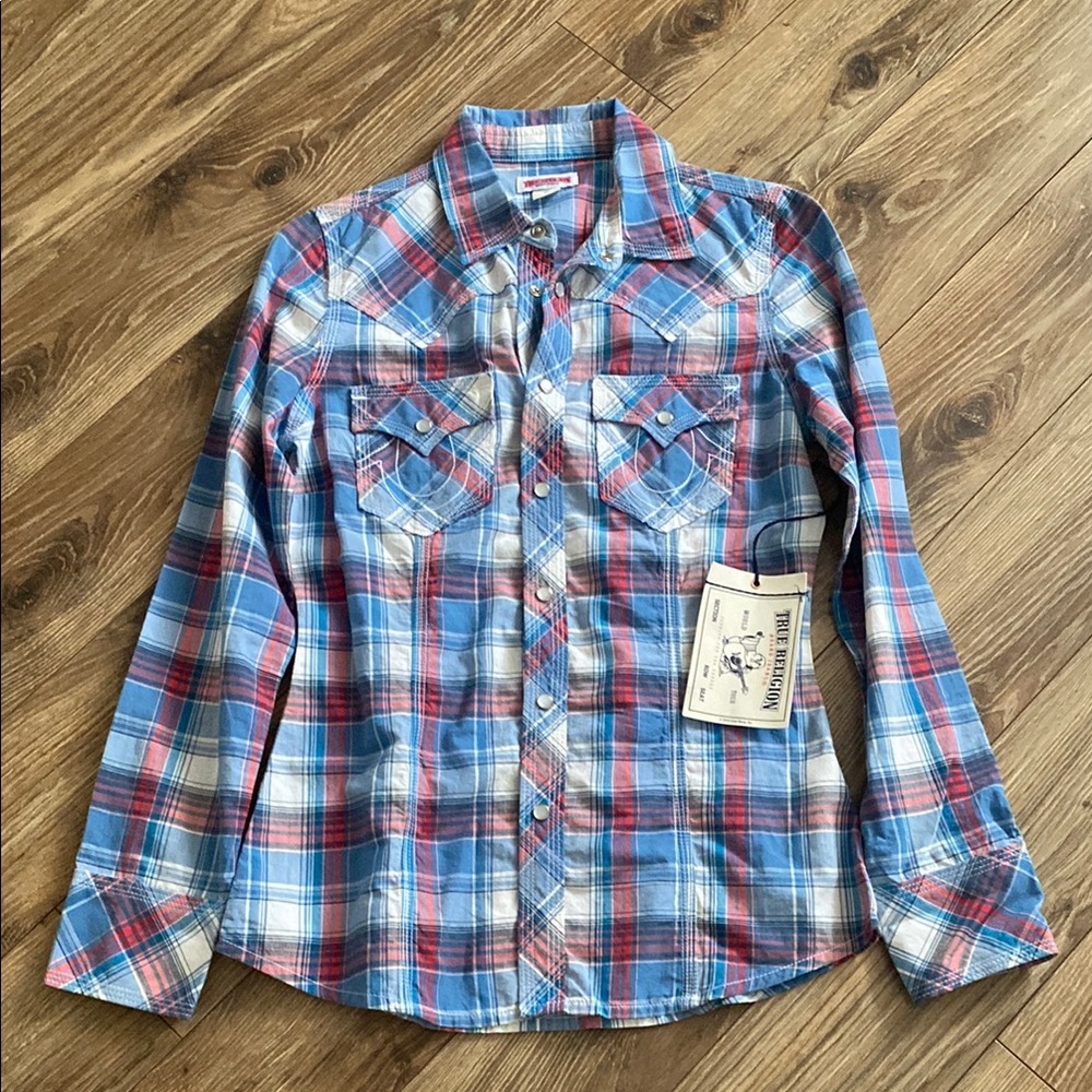 True Religion Blue and Red Casual Button Down Shirt